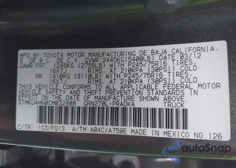 2012 Toyota Tacoma Prerunner V6 из США, поврежденный, VIN 3TMKU4HN0CM032808